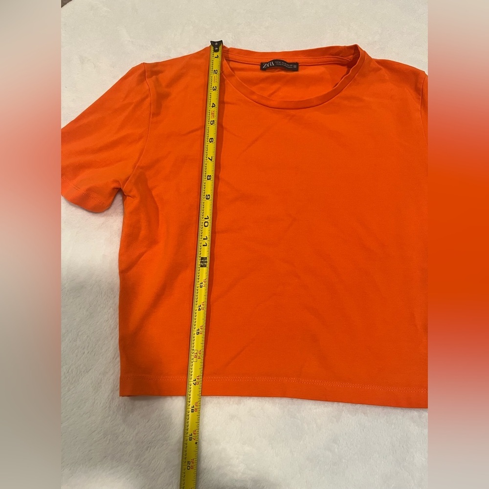 Zara Bright Orange Cotton Blend Cropped Tee - Size M - Picture 4 of 8